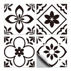 PVC 타일 시트지 세트 다양한 패턴 방수 주방 욕실 리폼 장식 10x10cm 4가지 다른 디자인 1세트 총 36개, 검은 꽃