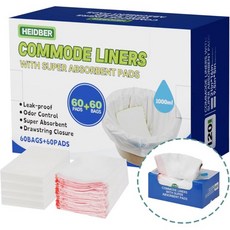 흡수 패드가 있는 60개의 PCS 커모드 라이너 화장실 의자 버킷커모 화장실용 일회용 침대 옆 쓰레기 봉투는 모든 표준 휴대용 변기 팬60봉지60패드에 맞습니다