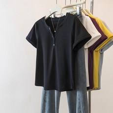 大尺碼上衣2026春夏新款大碼微胖正肩遮肚顯瘦百搭v領紐扣純色短袖T恤女上衣