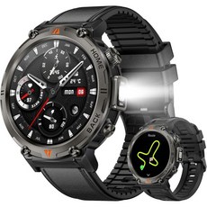 남성용 군용 스마트워치 내장 GPS LED 플래시라이트 나침반 3ATM 방수 견고한 전술 문자 및 전화 지원 1.45인치 HD 피트니스 트래커 심박수 SPO2 모니터 아이폰 안, Black Leather