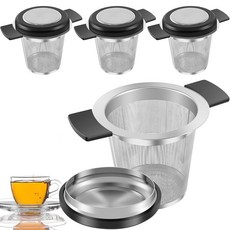 BXUYAOXMC 루즈 티용 티 스트레이너 4개 스테인리스 스틸 스티퍼 대용량 인퓨저 미세 메시 디퓨저 실리콘 뚜껑 및 내열성 이중 핸들 찻주전자 컵 머그잔용, 루즈 티용 티 스트레이너 4개, 스테인리스 스틸 스티퍼