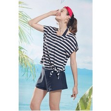 三件式條紋泳衣褲裙, XL
