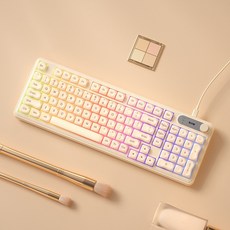 HYLSS粉底液三模无线蓝牙键盘有线女生机械手感办公打字, 人體工學, 如圖所示5386, 粉底液-有線鍵盤-RGB燈效-鍵線可分離98鍵