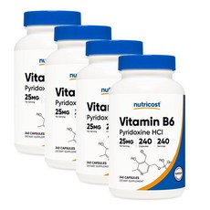 뉴트리코스트 비타민 B6 (피리독신 HCl) 25mg 캡슐 Nutricost Vitamin B6, 4개, 240정