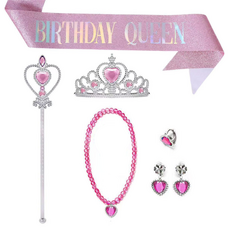 [청춘교복] 공주 생일 파티 용품 5종세트+어깨띠 축하 코스프레 연말 선물 소품 프린세스 코스튬 주얼리 왕관 요술봉 목걸이 액세사리, 1개, 연핑크-벌스데이퀸