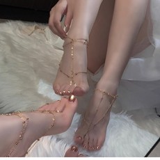 新款腳鏈女腳環腿鏈飾品，性感異域風情足鏈，金色綁帶腳踝民族風仙女, 1個, 金色一對腳鏈