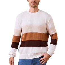 Granfee 남성용 크루넥 풀오버 스웨터 캐주얼 컬러 블록 스트라이프 스웨터 겨울 보온 코튼 니트 긴소매 스웨터 브라운 스트라이프 253 라지