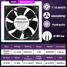 YOUNUN 80mm 8025 80X80X25MM 냉각 팬 5V/12V/24V DC 브러시리스 쿨러 슬리브 및 듀얼 볼 베어링 축, 01 1PCS, 01 RGB 없음, 05 AC Hydro 110V-240V