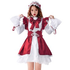 HotSweet 大尺碼紅色長袖女僕裝聖誕新年派對萬聖節服裝 花胸針