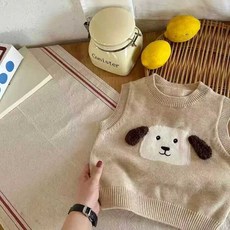 兒童針織小狗圖案毛衣背心，春秋新款男女寶寶卡通坎肩