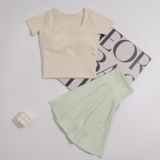 치마바지 팬츠 스윔 하이웨이스트 실내 비키니 바지 래쉬가드, 라이트그린 스커트+화이트 반팔