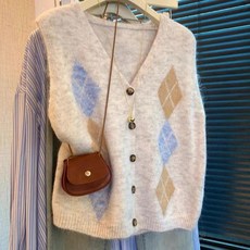 버튼 니트 조끼 여성 브이넥 아가일 패턴 기본핏 레이어드 민소매 가디건