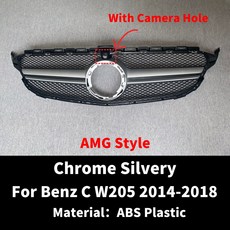 AMG 스타일 프론트 후드 인렛 그릴 범퍼 그릴 메르세데스 W205 S205 C205 벤츠 C 2014-2021 C43 C200 C180 C250 C260 C300 튜닝, 14-18Silver With Cam, 14-18Silver With Cam