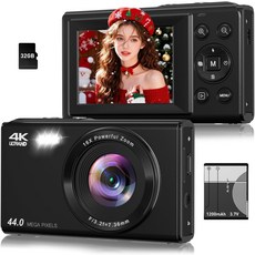 디지털 카메라 4K 44MP 자동 초점 설정 및 촬영 6배 줌 24인치 LCD 휴대용 컴팩트 청소년 소년 소녀, BLK