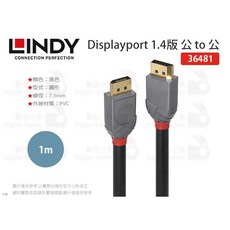 LINDY Displayport 1.4版 公 to 公 傳輸線 ANTHRA系列 - 7.3mm線徑 PVC外被材質, 1個, 1m