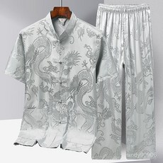 唐裝男冰絲短袖襯衫套裝中老年人新中式漢服大碼中國風爸爸裝