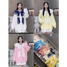 임산부 스위트 세일러 플라워 넥타이 루즈핏 아가일 스웨터 한국판 니트 패션