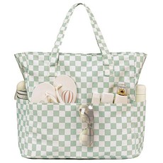 LEDAOU 대형 비치 토트백 여성용 방수 모래 방지 지퍼 수영장 체육관 식료품 여행용 습식 포켓 포함 퀼트 그린 0.5, 체커보드 그린 및 화이트