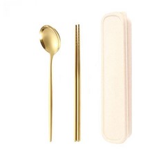 不鏽鋼環保餐具組 便攜餐具 時尚餐具 隨身餐具, 1個, 兩件組－米色盒－全金