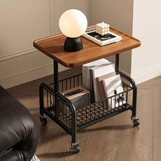 요펜스 원목 철제 이동식 2단 선반 테이블 트롤리, 블랙 나무