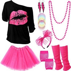 80년대 의상 코스튬 액세서리 여성용 네온 티셔츠 튀튀 스커트 마디 그라용 로즈 레드와 형광 그린 특소형, 스몰, 샤이니 로즈 레드, 블랙