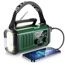 RTAKO 防災應急收音機 太陽能手搖發電 10000mAh 電量指示 戶外防水照明手電筒, 軍綠色