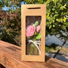 毛線花瓶禮盒組 手工編織玫瑰花附玻璃花瓶, 1個, 毛線花瓶禮盒_深粉色 +贈香薰精油