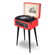 빅터 VWRP-3200 및 5-in-1 턴테이블 3단 레코드 플레이어 FM 라디오 블루투스 내장 스피커 의자 높이 다리 - 비닐 애호가와 레트로 감성의 홈 데코에 완벽합니, Red