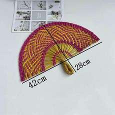手工編織草編扇 42*28cm, 玫黃-半圓草編扇42*28cm