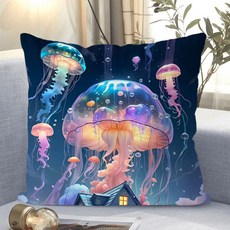 다용도 안락한 소파쿠션 양면 소파 쿠션 솜 포함 세탁가능 고탄력 선물용 안락쿠션 사무실 편의용 안락쿠션 트렌디한 스타일, 해파리-1, 40 x 40CM (솜포함 양면쿠션)