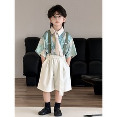 男童襯衫2025夏季揹帶兒童短袖洋氣印花襯衣童裝潮中小童