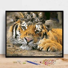 【TangZhen】유화그리기 유화그리기세트 유화 diy 채색 디지털 그림 만화 동물 어린이 수제 그림 그리다 거실 방 침실 장식품, 903 고양이와 호랑이, 60*75cm 내장형 2.5(색천)