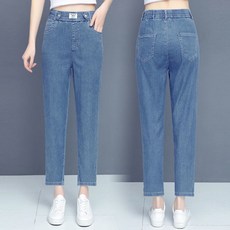 중년 여성 얇은 데님 팬츠 여름 엄마 냉장고 하이웨이스트 슬림핏 배기 바지 캐주얼 여자 청바지 JXH