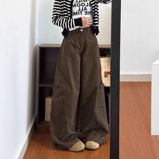 해피유통 여성 와이드 레그 하이웨스트 청바지 캐주얼 루즈 핏 빅포켓 디자인 데님 팬츠 가을 봄