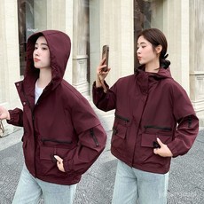 新款防曬休閒連帽工裝短款寬鬆女士衝鋒衣外套