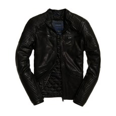 Superdry IDRIS 賽車皮夾克 黑色真皮騎士外套 合身版, 1個, 黑色,L