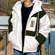 男款連帽拼色長袖絨毛拉鍊外套