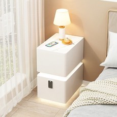 침대협탁 무선충전 사이드테이블 원목 소형 비번잠금 LED 협탁 서랍장 2단 사이드 테이블, 8. 슬레이트+램프+자물쇠(크림)
