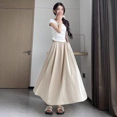 여성 여름 A라인 허리밴딩 하이웨스트 롱스커트 데일리 와이드 롱스커트 시원한 여름 야마모토 롱스커트 여름 롱 나일론 스커트 루즈핏 주름 긴치마