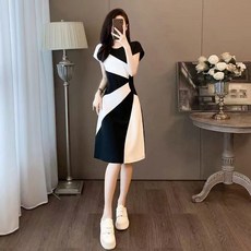 韓版拼接顯瘦休閒女連衣裙, 黑白色