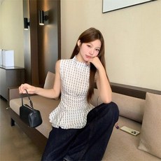 Yellwel플라워 밑단 체크 민소매 청순 여름 여성 상의 DJP