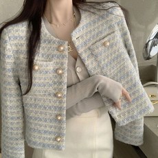 진주단추 노카라 트위드 자켓 간절기 숏 자켓 ala+24209on