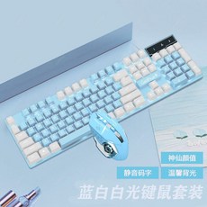臺灣72H髮貨 女生電競有綫鍵盤鼠標套裝 - 方便實用電腦鍵盤滑鼠組, 藍白雙色-白光-【鍵盤+電競鼠標】兩件套