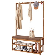 多功能竹木鞋架長凳 帶掛衣功能 雙層收納 穿鞋椅, 茶色, 1個