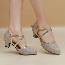 ROYALBELLE 여성 크로스 스트랩 버클 미들힐 사교 라틴 댄스화 고무밑창, 255, 금색 3.5cm