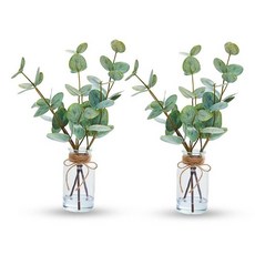 33cm(13인치) 인공 유칼립투스 줄기 인조 물이 있는 꽃병 양면 녹색 잎이 있는 인조 유칼립투스 식물 선반 책상 욕실 및 커피 테이블을 위한 사실적인 가짜 식물(2, 초록색