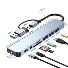 8-in-1 USB-C 허브 어댑터 3.0 포트가 있는 멀티 확장 도크 데이터 전송 및 고속 충전을 위한 호환 태블릿, 01 sliver