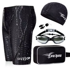 專業游泳套組 男生泳褲 泳帽 蛙鏡 游泳褲 溫泉泳裝 大碼泳褲 男泳褲 男士遊泳褲 泳鏡 泳褲 兒童泳鏡, 1個, 泳褲7件套（黑色150°）,2XL（66-76公斤）