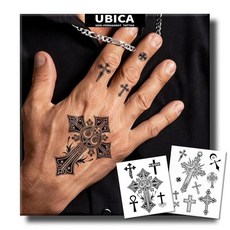 UBICA 반영구 타투 남성용 현실적인 임시 타투 2장 손 목을 위한 가짜 타투 2주 지속 방수 비반사성 메멘토 모리 & 스파이더 디자인 타투, Unique Cross