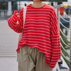 로로텐 스트라이프 오버핏 박스 긴팔 티셔츠 옆트임 라운드넥 여성 빅사이즈